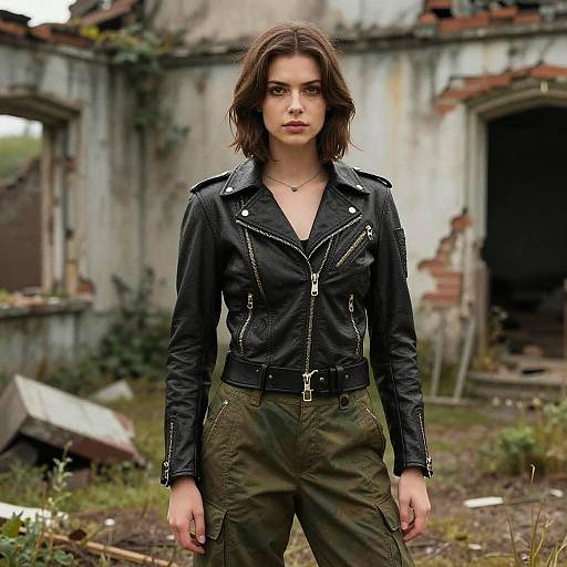 Photograph of a serious young woman with wavy brown hair, wearing a black leather jacket and olive pants, standing in a dilapidated, over
