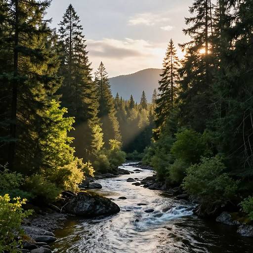 Sunlit Evergreen River in Pacific Northwest