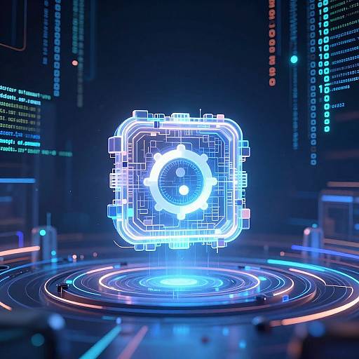 CGI digital art of a glowing blue circuit with a central gear, floating above a neon-ringed platform in a futuristic, dark blue, tech-filled