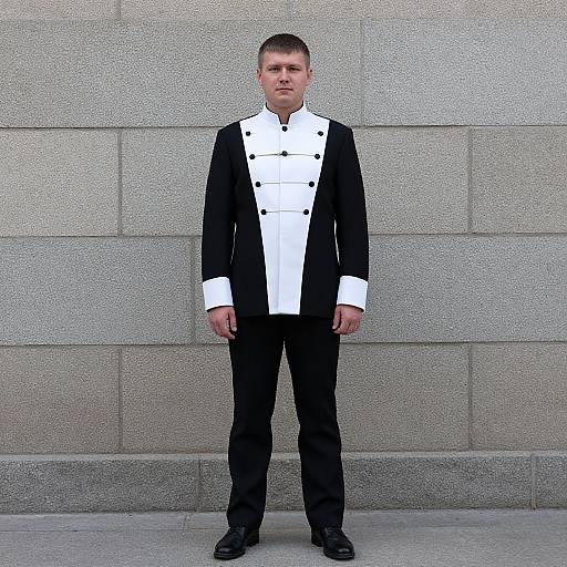 Photograph of a young, clean-shaven man in a formal black and white military-style jacket, standing against a textured gray stone wall.