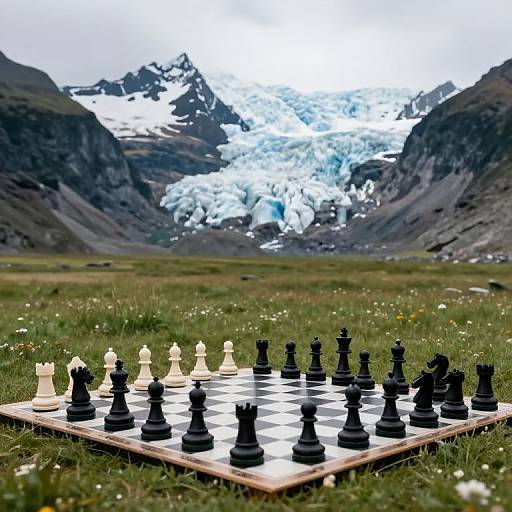 Photograph of a chessboard with black and white pieces on grass, with a glacier and mountains in the background.