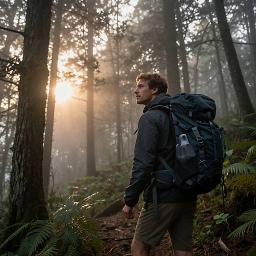 Determined Hiker in Foggy Sunrise Forest