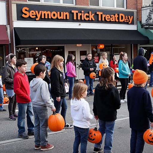 Photograph of diverse children and adults holding orange pumpkins outside a 