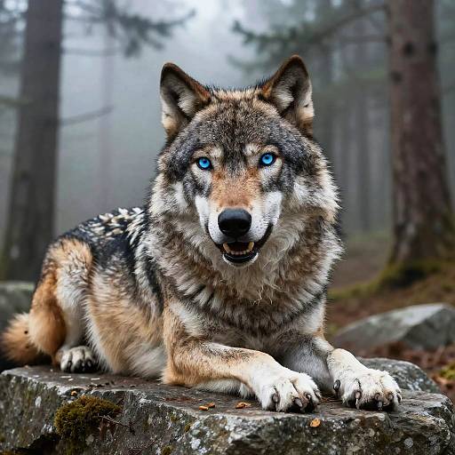 Playful Gray Wolf in Foggy Forest
