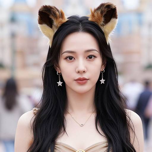 Photograph of an Asian woman with long black hair, wearing furry fox ears, star earrings, and a beige top, standing in a blurred, sun