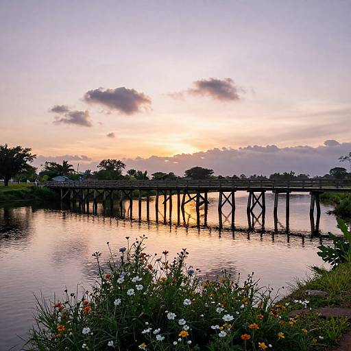 Photograph of a serene sunset over a reflective waterway, with a wooden pier silhouetted against the sky. Foreground has blooming flowers