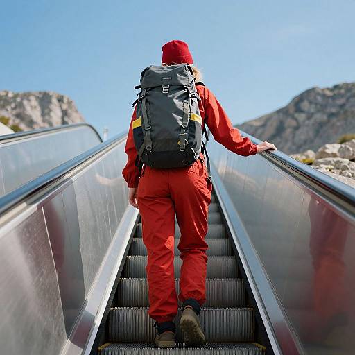 Photograph of a hiker in red outfit, red beanie, and black backpack, ascending an outdoor metal escalator against mountainous background.