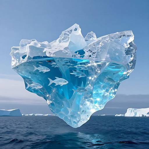 Photorealistic CGI image of a massive, translucent blue iceberg with fish-like shapes inside, floating in a calm, blue ocean under a clear sky