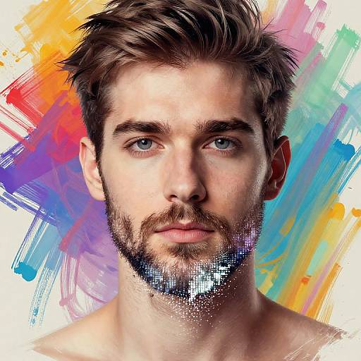 Digital portrait of a handsome, bearded man with blue eyes, brown hair, and a rainbow-colored abstract background. His beard has pixelated pixels at