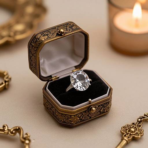 Photograph of an ornate, antique-style ring box with an open lid, showcasing a sparkling diamond ring, set against a soft-lit background with