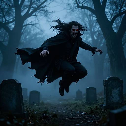 Photograph of a menacing, ghostly figure with wild black hair, glowing red eyes, tattered black clothing, leaping over gravestones in