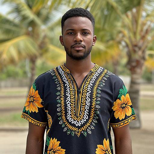 Photograph of a handsome Black man with short hair and beard, wearing a black, floral-patterned, V-neck shirt with yellow and white embroidery,