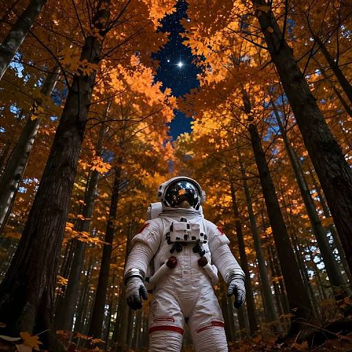 Photograph of an astronaut in a white spacesuit standing amidst a forest of tall trees with bright orange autumn leaves.