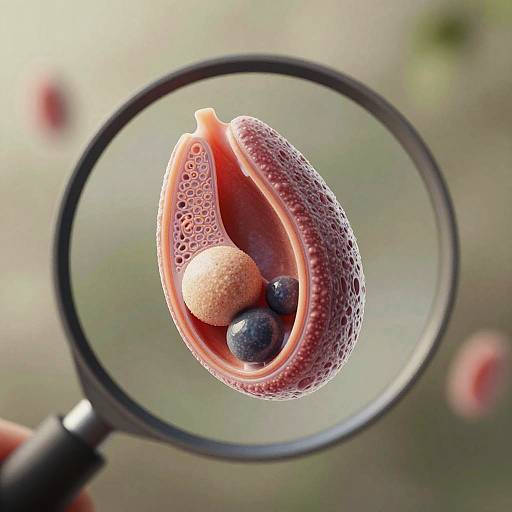 Close-up photograph of a pink, textured, sponge-like object with a bubble-like cavity containing a beige sphere, blue berry, and smaller blue berry,