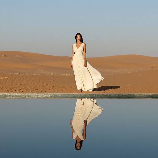 Photograph of a woman in a flowing white dress standing by a reflective pool in a desert landscape with rolling sand dunes under a clear blue sky.