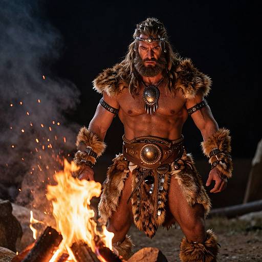 Photograph of a muscular, bearded warrior with fur and metal armor, standing by a roaring fire in a dark, night-time forest.