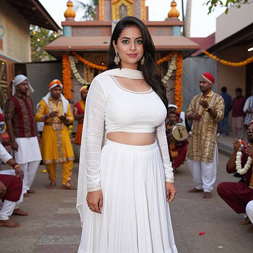 Photograph of a curvy Indian woman with long black hair in a white crop top and pleated skirt, standing in front of a colorful temple backdrop