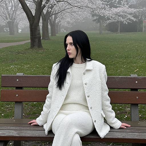 Photograph of a pale-skinned woman with long black hair, wearing a white knit coat and pants, sitting on a wooden bench in a misty