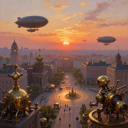 Impressionist Steampunk Cityscape at Sunset