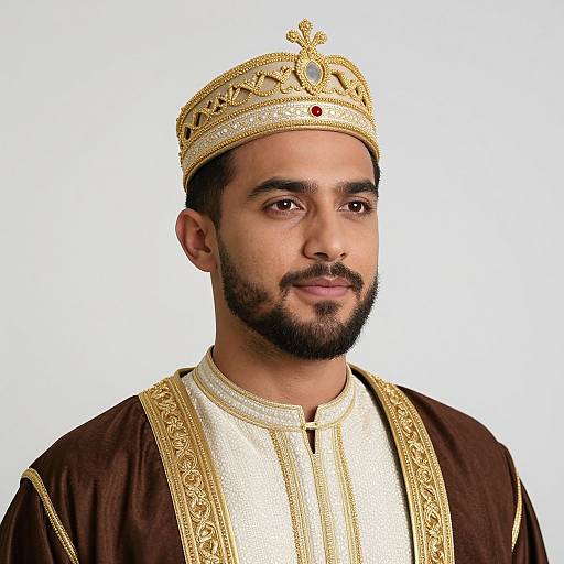 Photograph of a bearded man with medium brown skin, wearing a gold and red crowned headpiece and ornate brown and gold robe.