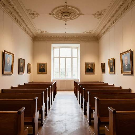 Warmly Lit Gallery with Wooden Pews