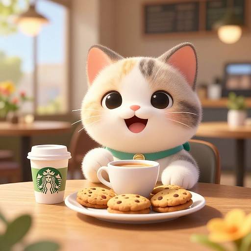 Cute Pixar-Style Kitten Enjoying Coffee and Cookies