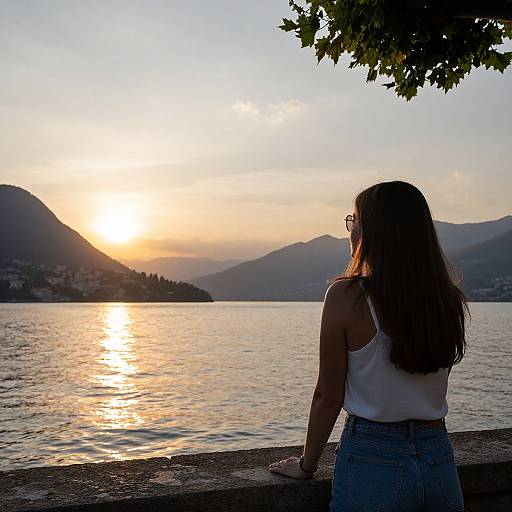 Photograph of a woman with long brown hair, wearing a white tank top and blue jeans, sitting on a lakeside ledge at sunset, with mountains