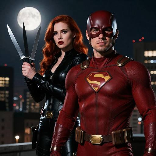 Nighttime Cityscape with Superheroes