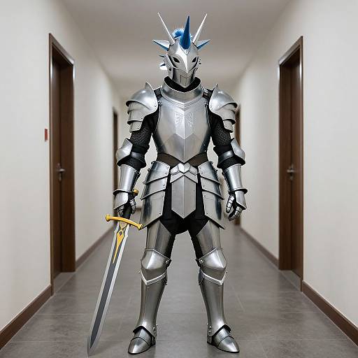 Photograph of a silver knight in metallic armor with blue horned helmet, standing in a white hallway with wooden doors. Holding a silver sword with yellow
