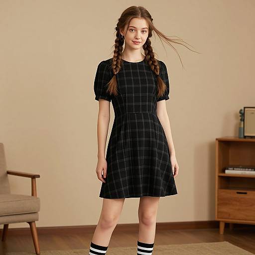 Photograph of a young woman with brown braids, wearing a black checkered dress and white knee-high socks, standing in a minimalist room with wooden