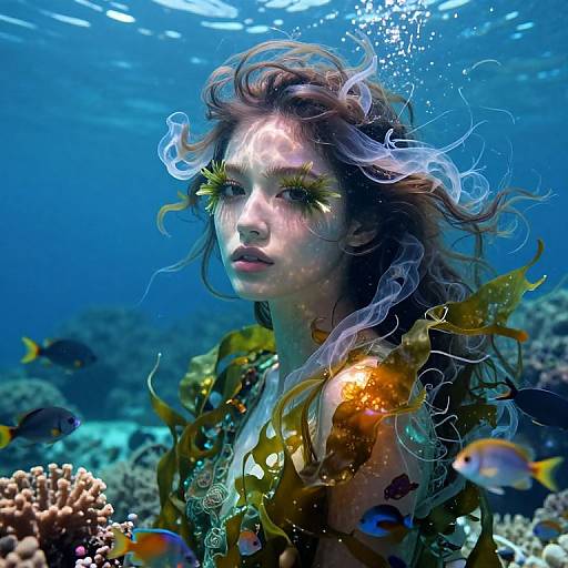 Photograph of a wavy-haired woman with glowing eyes, surrounded by colorful fish and coral, underwater in a vibrant blue ocean.