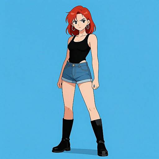 Digital anime-style drawing of a red-haired woman with hoop earrings, wearing a black tank top, blue denim shorts, black knee-high socks, and black