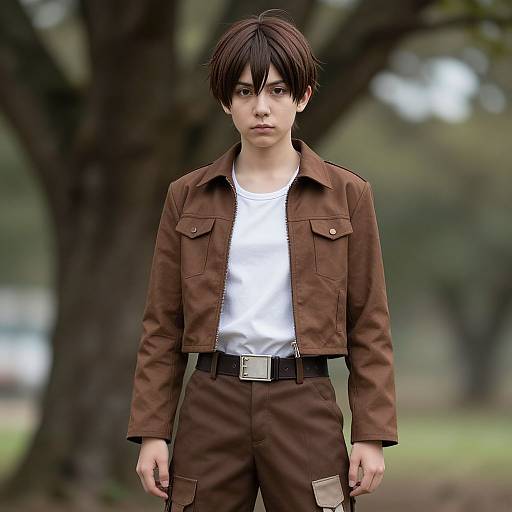 Photorealistic CGI of a young man with brown hair, wearing a brown jacket, white shirt, and brown pants, standing in a blurred forest background