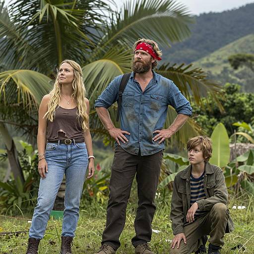 Three people in jungle with tropical background