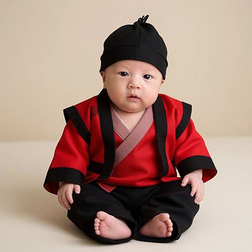 Photograph of a baby with fair skin, wearing a red and black traditional outfit with a black hat, sitting cross-legged on a plain white background.