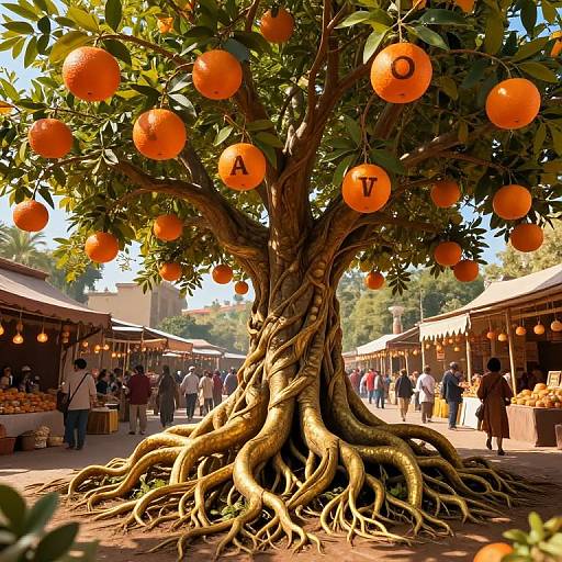 Photograph of a large orange tree with 