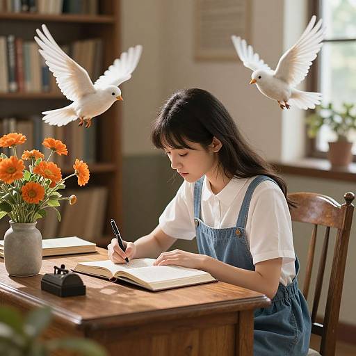 Photograph of an Asian woman with black hair, wearing a white shirt and blue overalls, writing in a book, with two white doves flying