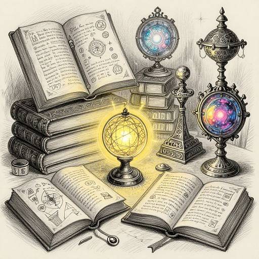 Illustration of open magical books, glowing orbs, and ornate lamps, with detailed ink drawings and vibrant colored lights, creating a mystical atmosphere.