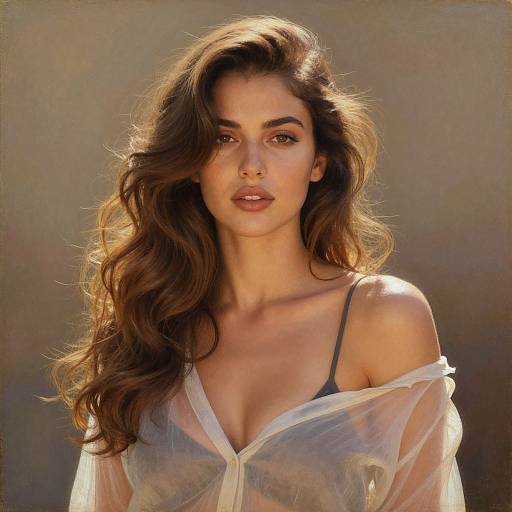 Photograph of a beautiful woman with long, wavy brown hair, wearing a sheer white blouse, revealing a black spaghetti strap. Soft sunlight highlights her