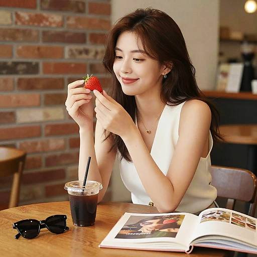 Photograph of an Asian woman with long black hair, wearing a white sleeveless top, smiling while eating a strawberry, sitting at a wooden table with