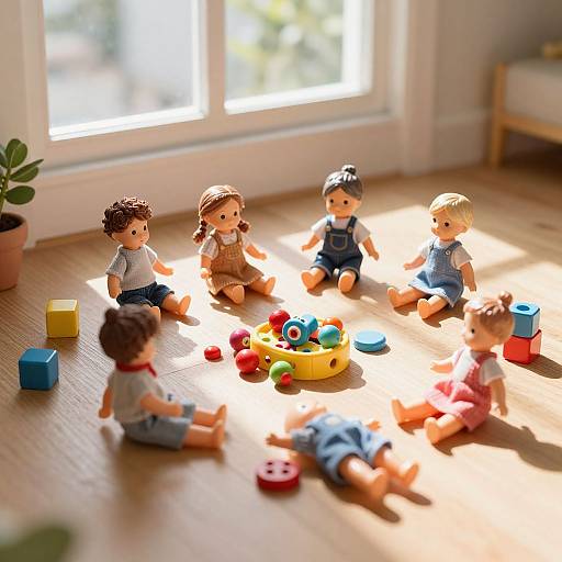 Photograph of five colorful, detailed plastic dolls playing with toys on a sunlit wooden floor by a window, surrounded by scattered blocks.