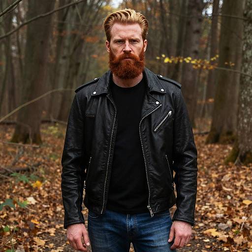 Photograph of a serious, bearded man with blonde hair, wearing a black leather jacket and black shirt, standing in a forest with fallen autumn leaves