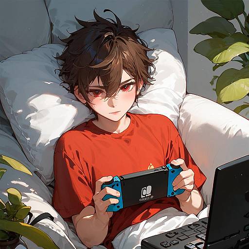 Digital anime-style drawing of a young boy with messy brown hair, red shirt, playing Nintendo Switch while on a white couch. Laptop on his lap,