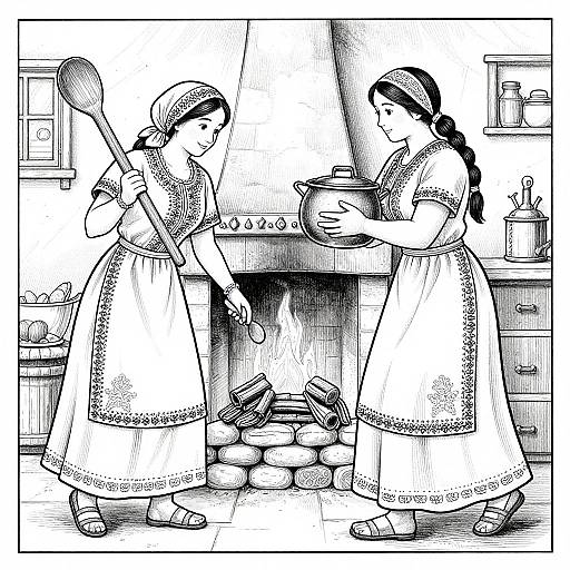 Black-and-white illustration of two women in aprons and headscarves cooking by a fireplace, one stirring and the other holding a pot.