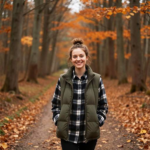 Smiling Woman on Autumn Forest Path