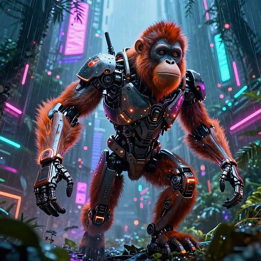 Futuristic Cyborg Orangemonkey in Neon Jungle