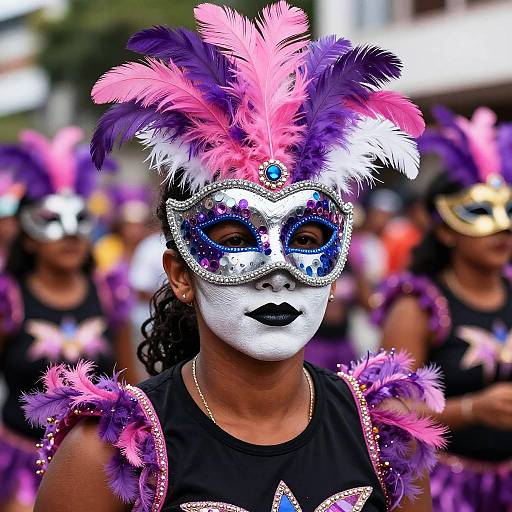 Photograph of a person in a vibrant Carnival costume with a white face, black lipstick, blue and silver mask, and pink-purple feathered headdress