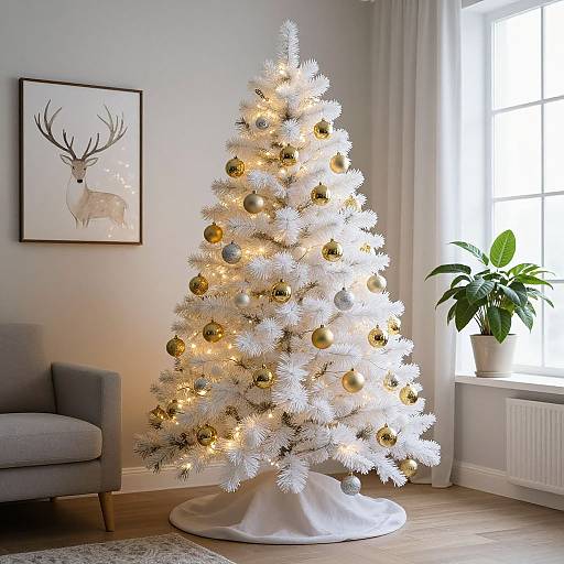 Photograph of a white Christmas tree adorned with gold ornaments and lights, standing in a modern living room with grey armchair, deer artwork, and p