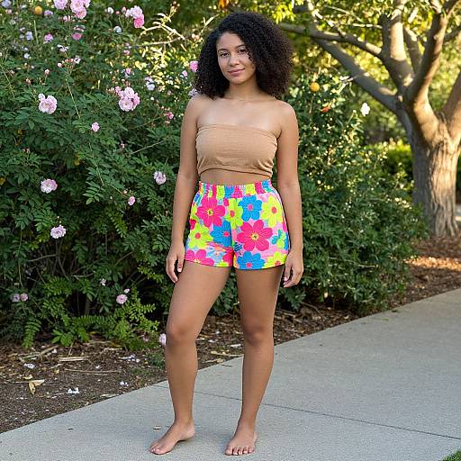 Photograph of a young woman with curly black hair, tan skin, wearing a beige tube top and colorful floral shorts, standing barefoot on a concrete