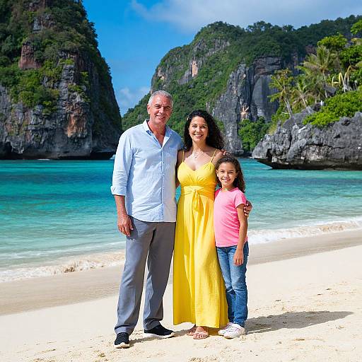 Photograph of a smiling family on a tropical beach: gray-haired man in blue shirt, dark-haired woman in yellow dress, young girl in pink shirt